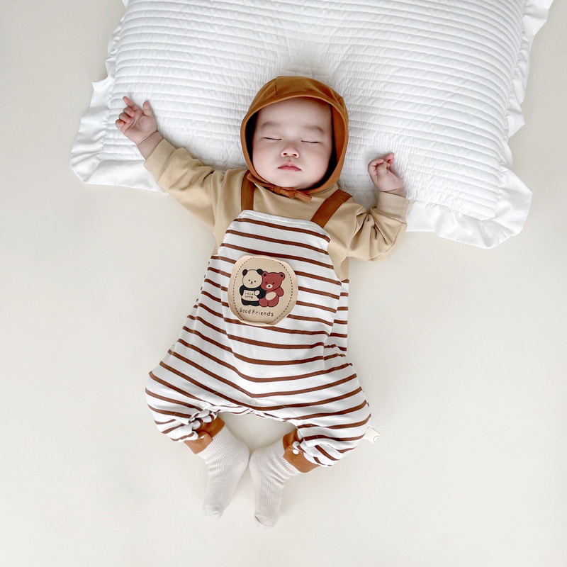 Bộ Áo Liền Quần Tay Dài + 1 Dây Đeo In Họa Tiết Sọc Dễ Thương Thời Trang Mùa Đông Cho Bé Sơ Sinh