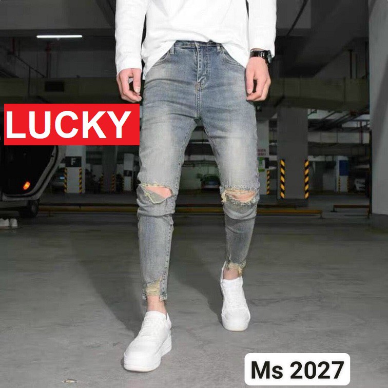 QUẦN JEAN NAM CHẤT BÒ RÁCH GỐI XẾP LI GẤU QUẦN CO GIÃN KJ2027 LUCKY SHOP