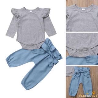 Hoàn Hảo-3 Chiếc Sơ Sinh Trẻ Em Bé Gái Quần Áo Cotton Áo Liền Quần Nơ Quần Jean Quần Denim Trang Phục