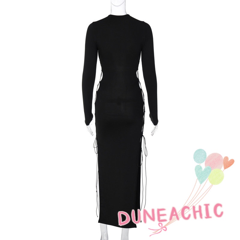DUNEA Đầm Dài Tay Xẻ Tà Phối Dây Thắt Thời Trang Dành Cho Nữ