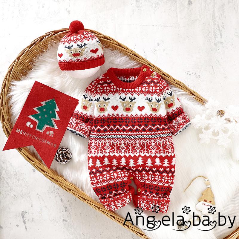 Bộ Áo Liền Quần Tay Dài Cổ Tròn In Họa Tiết Giáng Sinh + Mũ Dệt Kim Thời Trang Mùa Đông Cho Bé 0-18 Tháng Tuổi