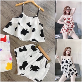 Đồ ngủ sexy Set 2 dây bò sữa tầng chất voan lụa siêu mát freesize