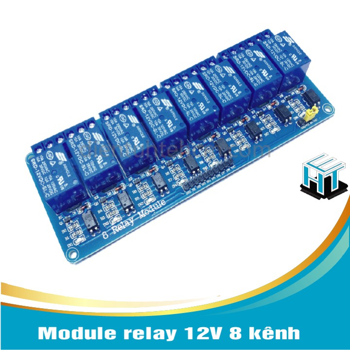 Module relay 12V 8 kênh với opto cách ly thích hợp cho các ứng dụng đóng ngắt điện thế cao AC hoặc DC