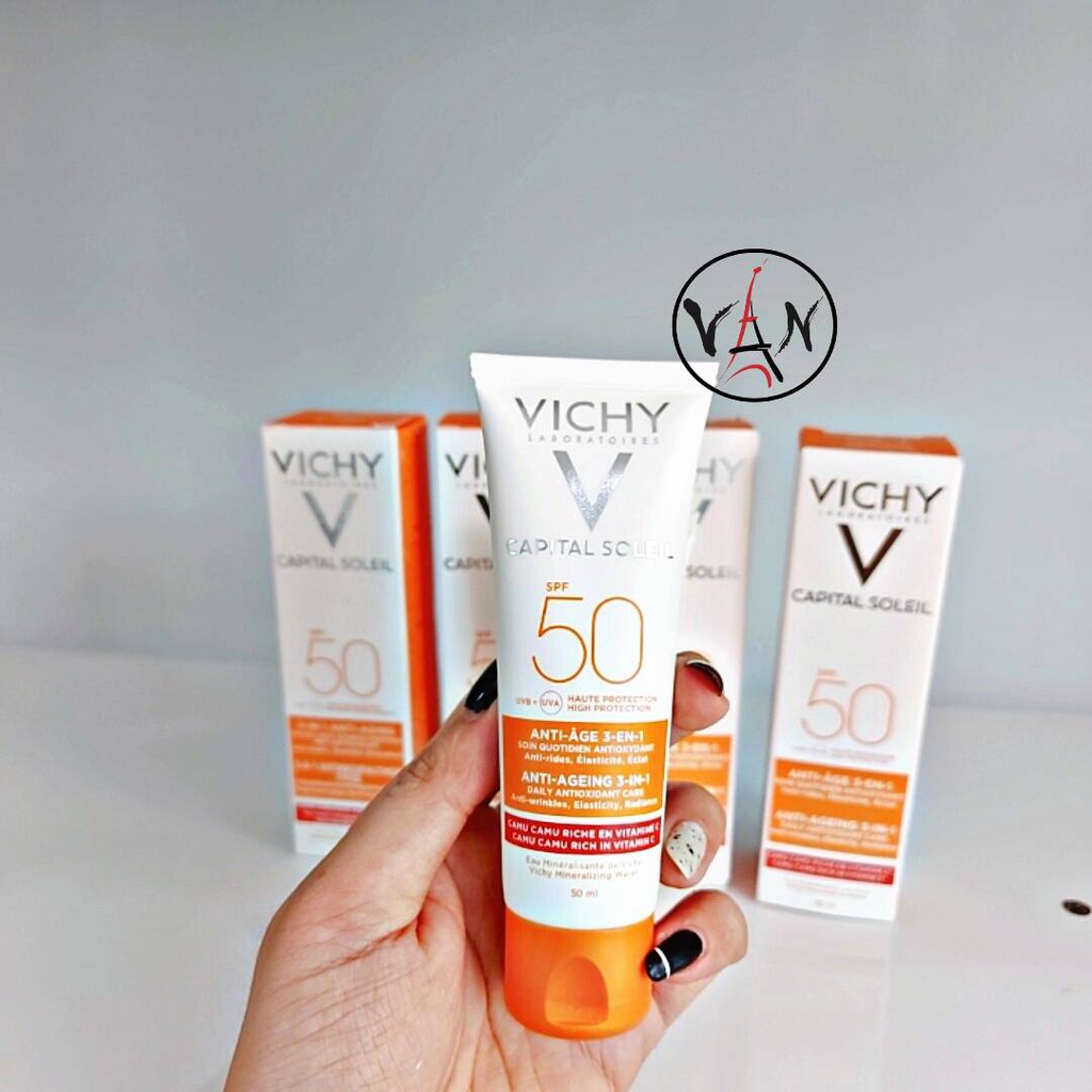 [ Vichy] Kem chống nắng ngăn ngừa dấu hiệu lão hóa da vichy capital soleil anti-ageing 3-in-1 spf 50+ 50ml