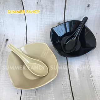 10 Tô vuông và 10 muỗng nhựa TV16 + No14  melamine phíp cùng màu nâu, đen bóng, bát và thìa đựng chè, súp