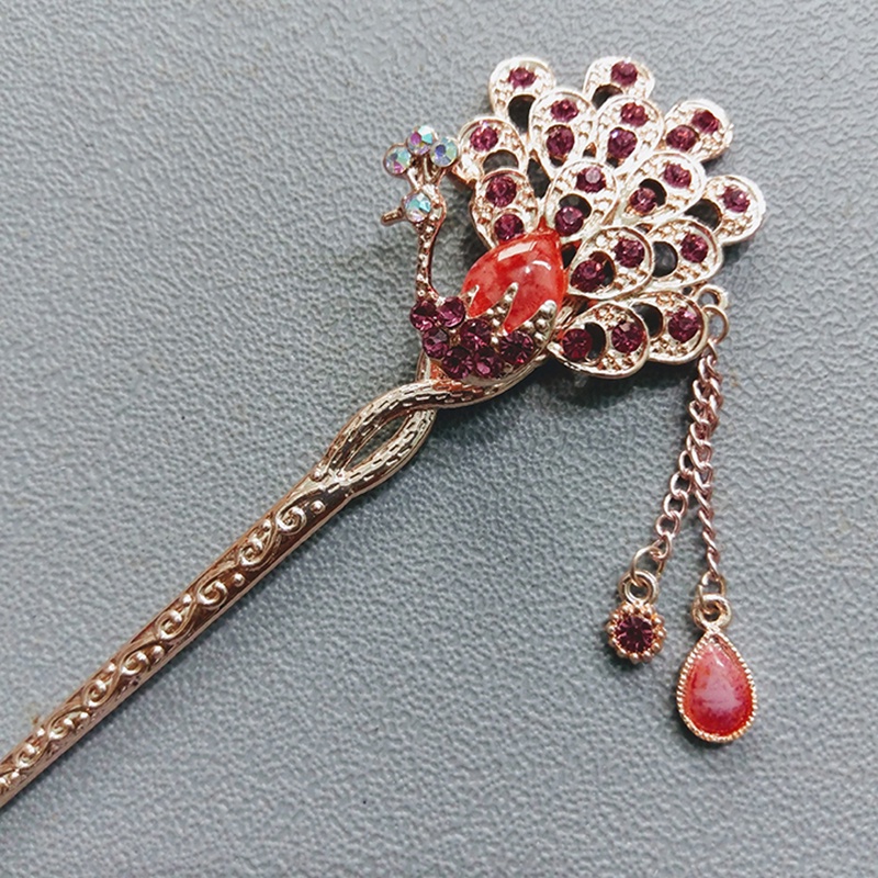 Trâm cài tóc đính đá họa tiết chim công tua rua vintage