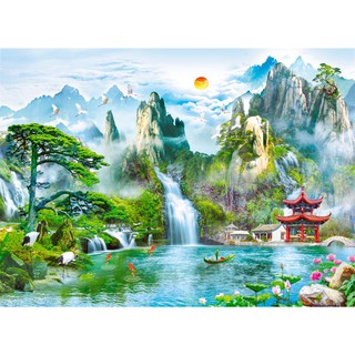 Tranh dán tường 3D thác nước - VẢI LỤA  phủ kim sa (Kích thước theo yêu cầu)