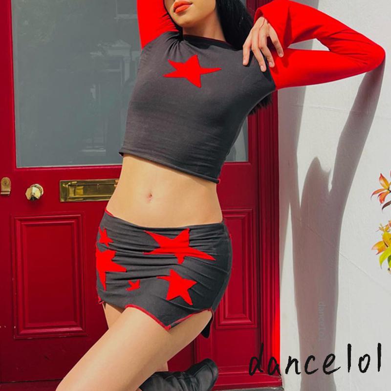 Set Áo Croptop + Chân Váy Xẻ Tà In Họa Tiết Ngôi Sao Thời Trang Cho Nữ 1O1-Grunge 2000s