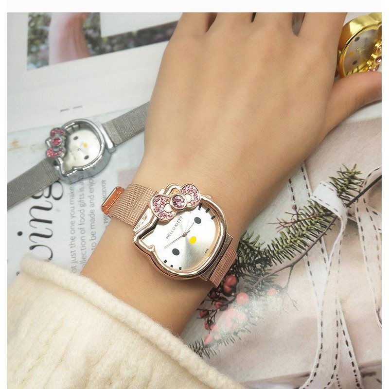 Đồng hồ mặt Hello Kitty dây kim loại xi vàng  / bạc cho nữ