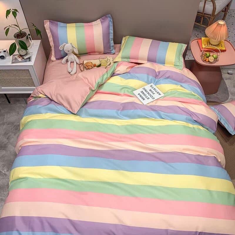 Chăn ga gối Emmibedding chất liệu cotton poly họa tiết 7 sắc cầu vồng đáng yêu đủ size miễn phí bo chun