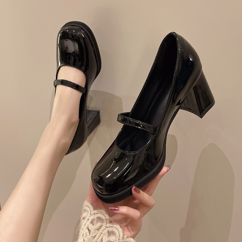 Giày cao gót IELGY mũi vuông miệng nông phong cách retro chunky dành cho nữ