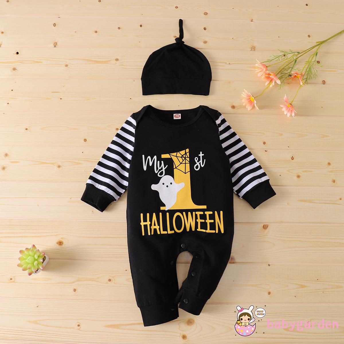 Bộ áo liền quần và mũ họa tiết con ma và chữ chủ đề Halloween dễ thương cho bé sơ sinh