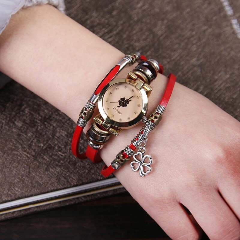Đồng hồ đeo tay máy thạch anh dây da hình cỏ ba lá cổ điển cho cặp đôi hàng có sẵn