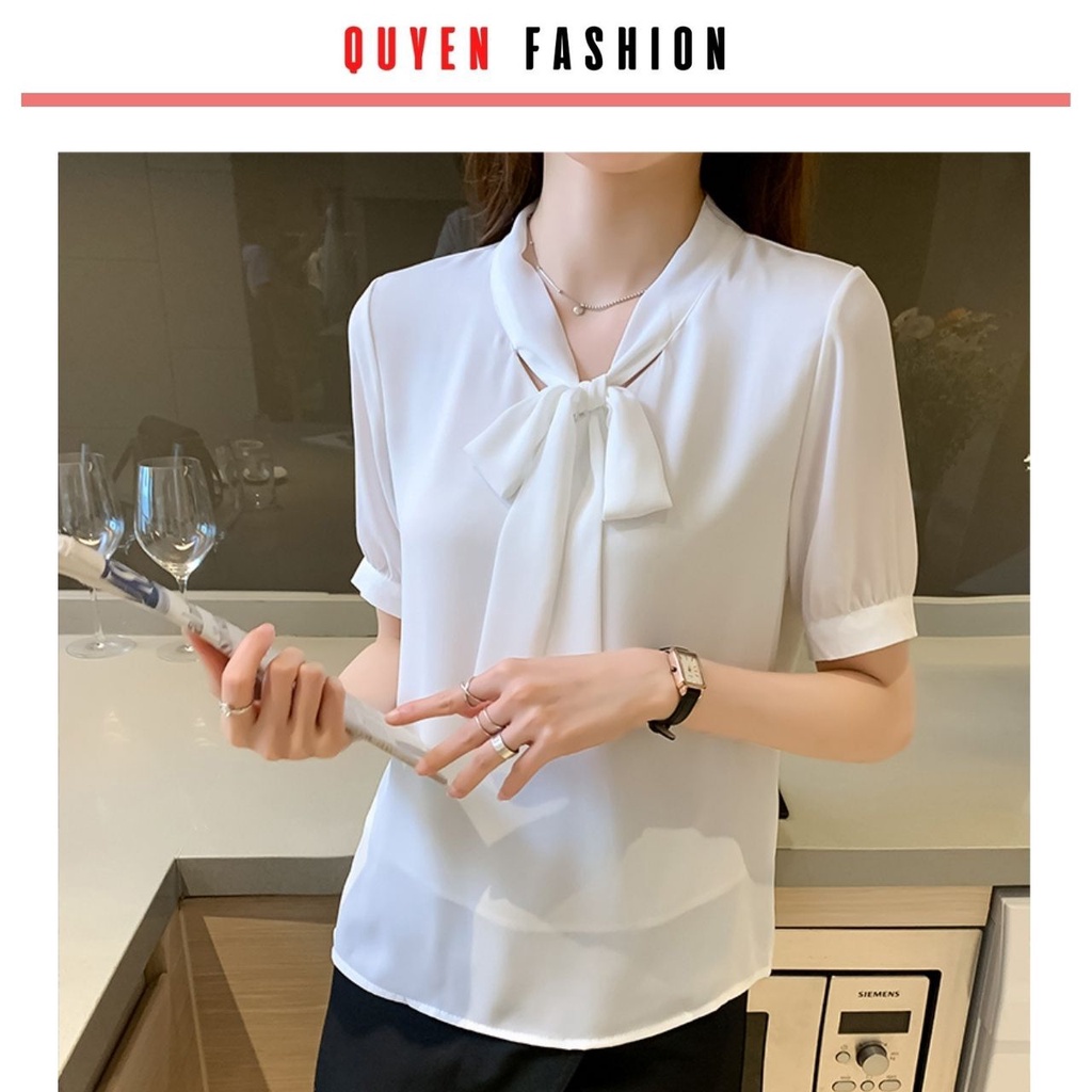 Áo sơ mi cổ thắt nơ màu trắng, hồng, tay phồng ngắn, thời trang công sở nữ Quyên fashion AA580