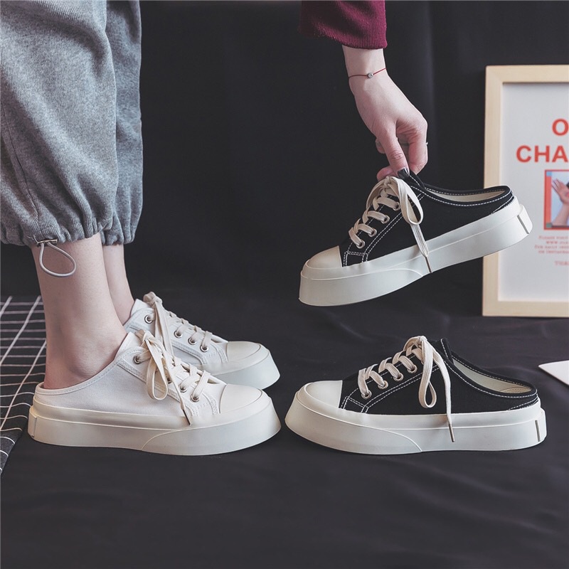 Giày Sục Ulzzang dây buộc thể thao nữ đế bánh mì vải mềm màu đen trắng năng động trẻ trung hot trend đẹp