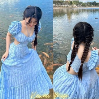 Maxi xanh cutout lưng tay phồng viền bèo đầm nữ dự tiệc chụp ảnh du lịch núi biển đẹp chất lượng Kawaii Mise