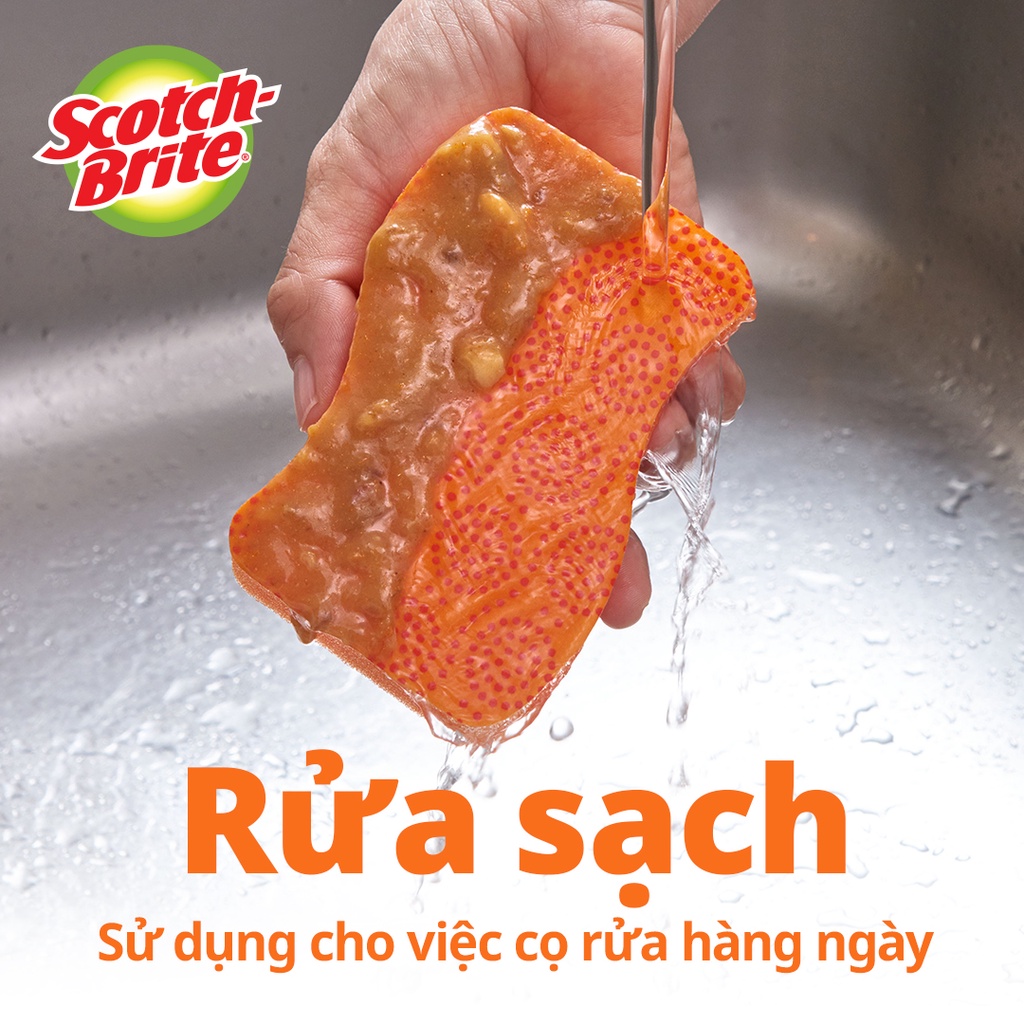 Miếng rửa chén hạt nổi không trầy xước Scotch Brite 3M đa năng, mút kháng khuẩn, không bám cặn màu cam/xanh