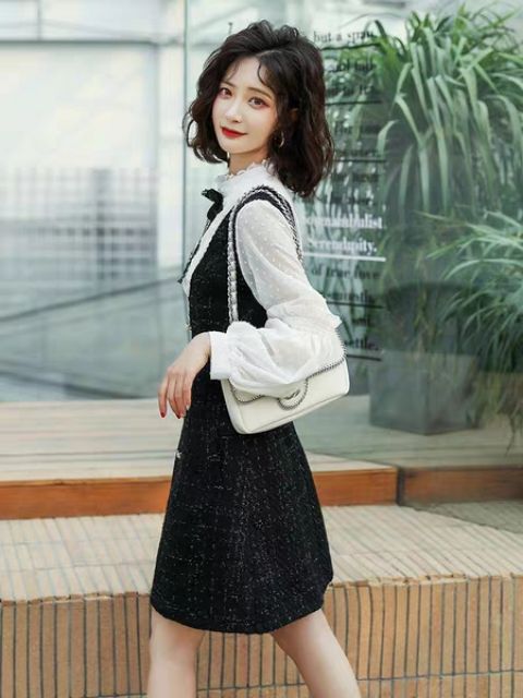 VÁY DẠ TWEET CỔ NƠ, TAY BỒNG