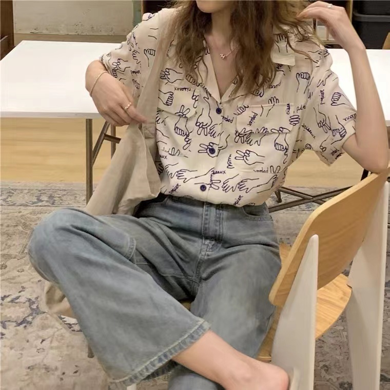 SUXI Áo Sơ Mi Ngắn Tay Cổ V In Họa Tiết Vintage Cho Nữ