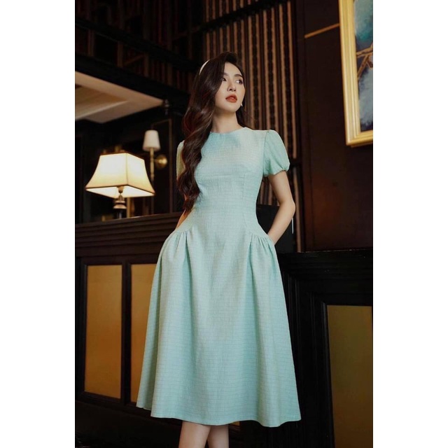 Đầm xanh ngọc pastel vải xốp tiểu thư hàng loại 1
