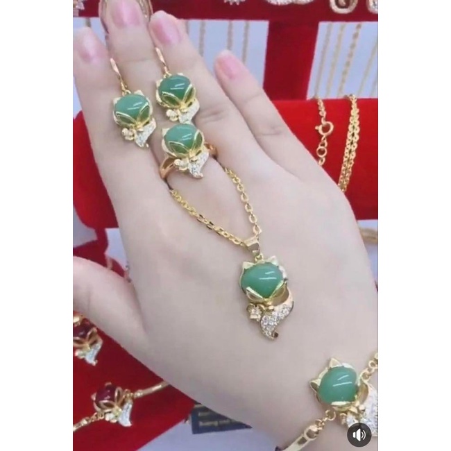 Set dây chuyền và bông tai , lắc tay, nhẫn tùy chỉnh độ rộng, set trang sức 4 món hồ ly đá xanh Namoo Jewelry