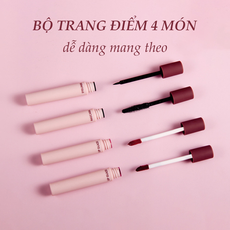 【Kiss Belle Shop】 Bộ 4 món Trang điểm thời trang HengFang (2 son kem + 1 mascara + 1 kẻ mắt nước) KB-CY03