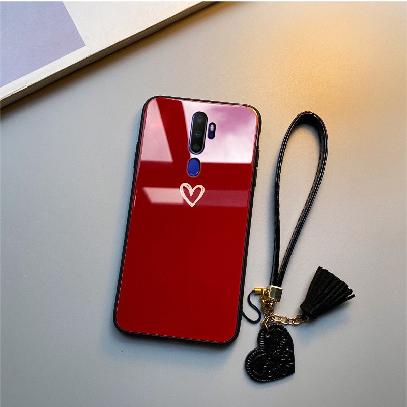 Bao da Ốp lưng OPPO F11 F7 F9 Pro F5 YOUTH F3 Plus Case 【one case one strap】Fashion Luxury Black Red love heart Hard Tempered glass soft silicone Cover Ốp lưng OPPO F11 Pro f5 F3 Lite Protection Phone Casing