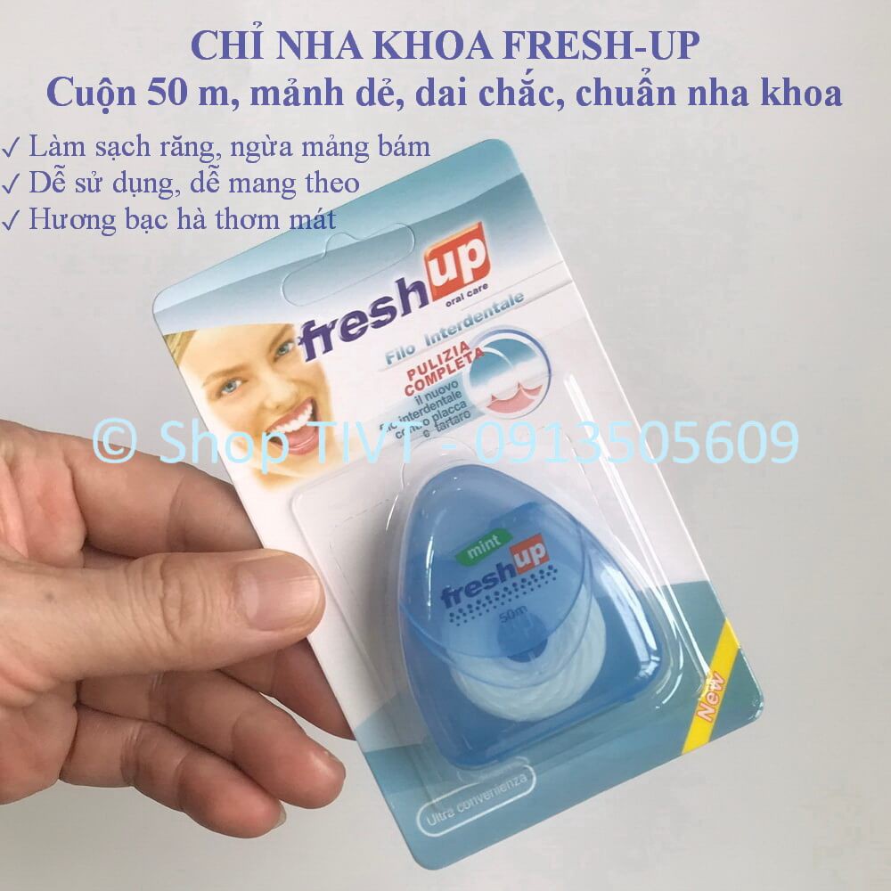 Chỉ nha khoa Fresh Up 50m, hương vị bạc hà, thương hiệu Ý, loại bỏ, làm sạch thức ăn giắt trong khe kẽ răng-TIVT