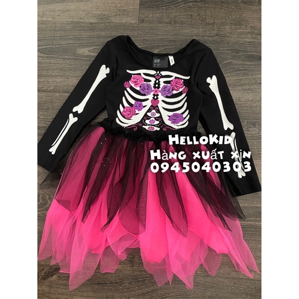 Váy Hallowen bộ xương hồng bé gái