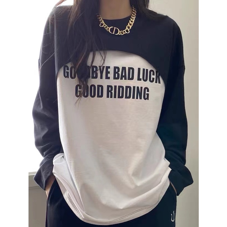 Áo thun ZHELIHANGFEI tay dài dáng rộng giả hai lớp in họa tiết chữ cái dễ phối đồ thời trang trẻ trung dành cho nữ