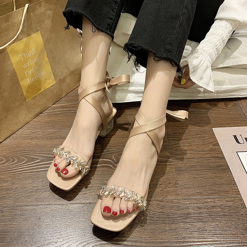 ♧▬◄HOT  Giày Sandal Nữ Đế Thô Cột Dây Cổ Chân Thời Trang