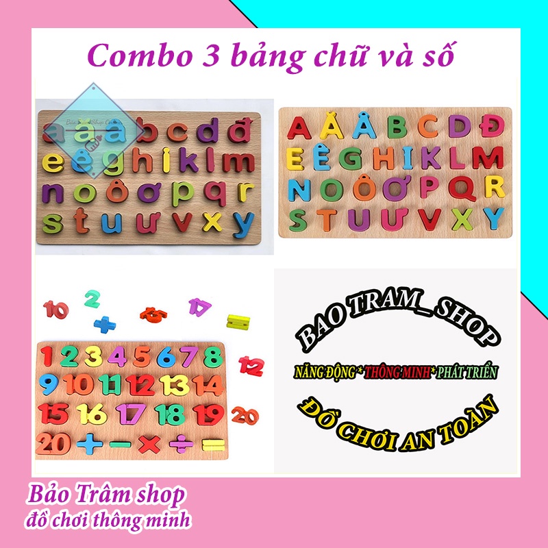 Bộ 3 Bảng Ghép Chữ Cái In Hoa, In Thường Tiếng Việt Và 20 Chữ Số Kèm 5 Dấu Phép Tính-Bằng Gỗ Nổi Cho Bé, Đồ Chơi Gỗ