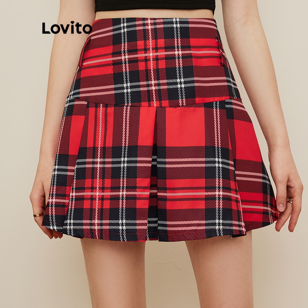 Chân váy midi Lovito xếp ly họa tiết sọc caro phong cách preppy L19E011 (Màu đỏ)