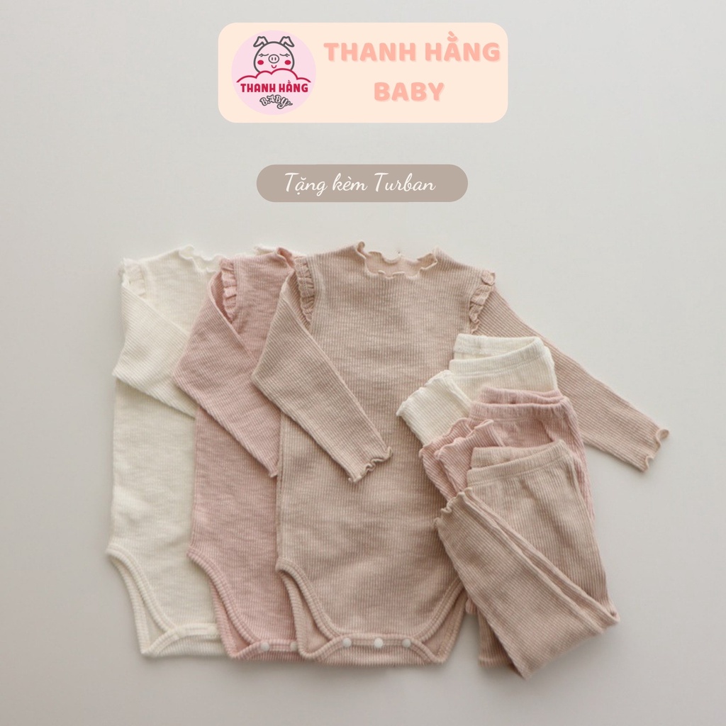 Bodysuit dài tay cho bé gái, bộ body cho bé gái len tăm kèm turban Thanh hằng baby 5 - 13 kg
