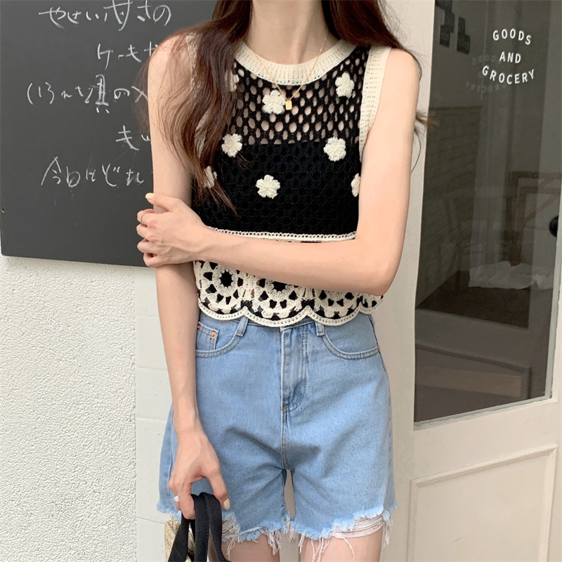 Áo Tank Top Dệt Kim Sát Nách Dáng Ngắn Phối Lỗ Lưới Thời Trang Cho Nữ
