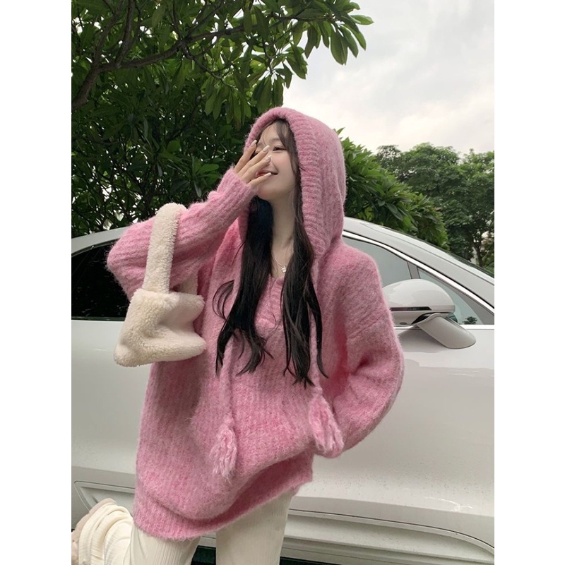 Áo Hoodie Dệt Kim Tay Dài Dáng Rộng Dễ Phối Đồ Thời Trang Mùa Thu Cho Nữ