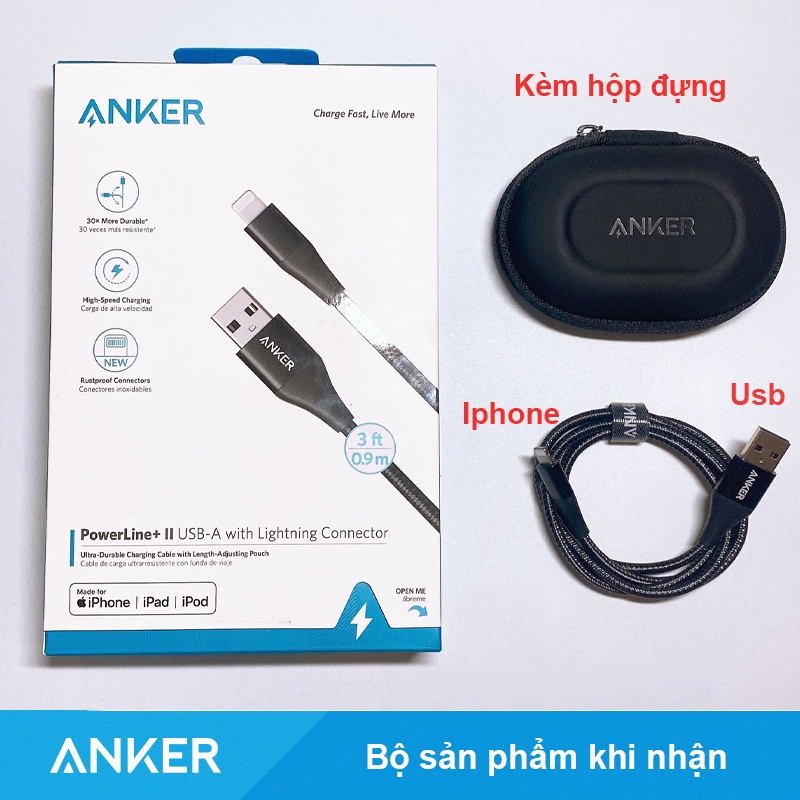 Cáp dù Iphone ANKER Powerline + II Usb to Lighting MFI C89 - A8452 dài 0.9 Mét  A8453 dài 1.8 Mét Chính hãng