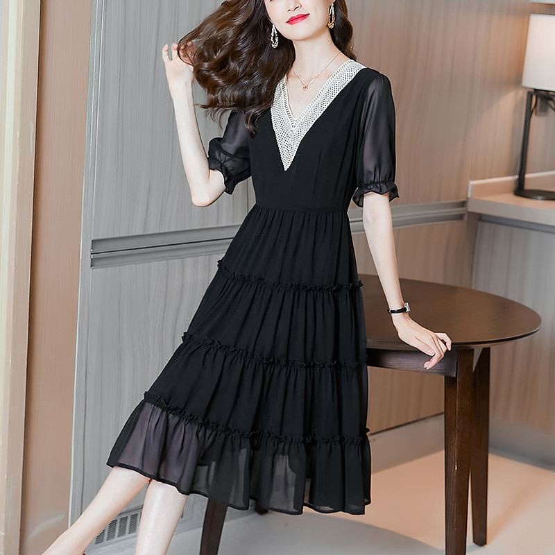Đen Đầm Chiffon Cổ Chữ v Dáng Ôm Phong Cách Thời Trang Pháp Dành Cho Nữ 2021