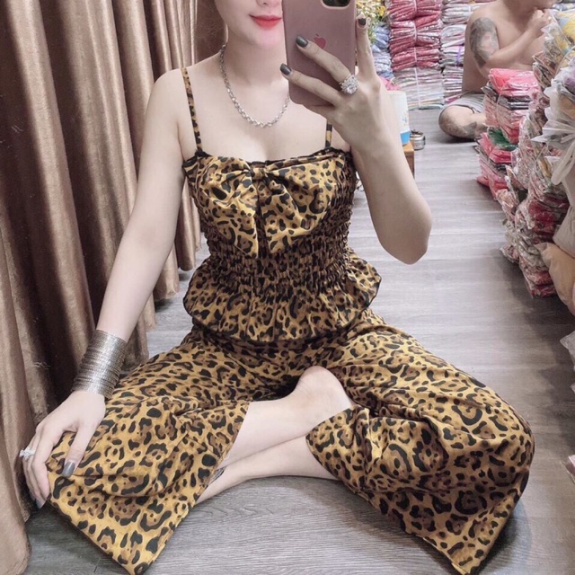 Sét bộ vol lụa da beo áo 2 dây nơ nhúm xoè