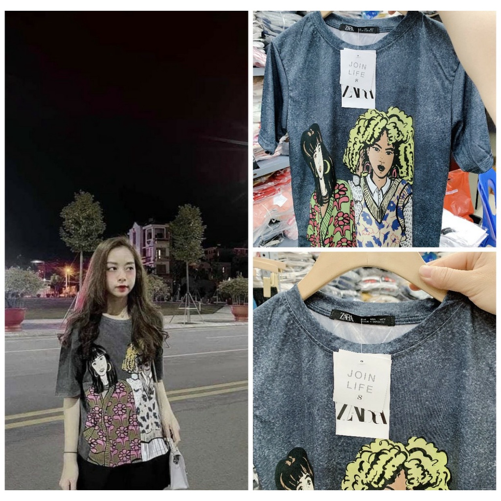 ÁO PHÔNG COTTON XÁM IN HÌNH 2 CÔ GÁI SIÊU MÁT