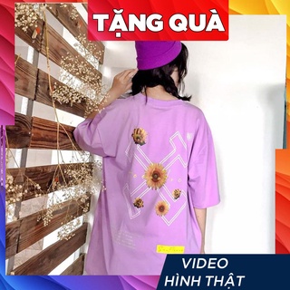 Áo phông tay lỡ freesize  nữ Unisex thun form rộng, mặc cặp, lớp in hình hoa cúc chữ thập màu tím - đen