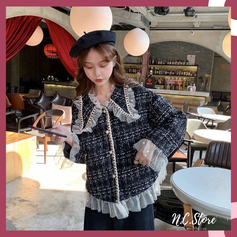 Áo Khoác Dạ Tweed Kẻ Cúc Ngọc Viền Nhũ