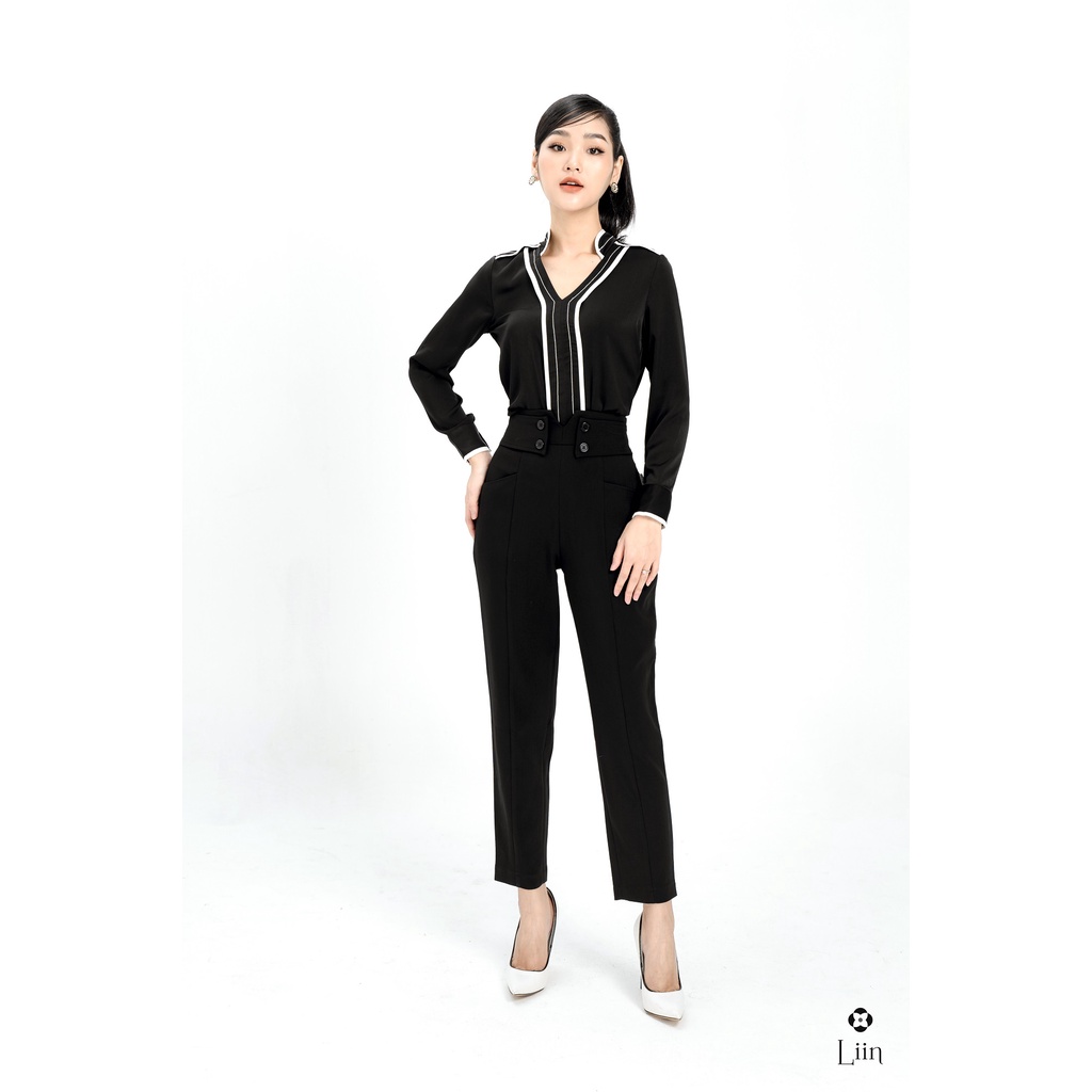 Áo sơ mi nữ dài tay form công sở màu Trắng Cổ Tàu kết hợp viền đen thanh lịch Liin Clothing SM3565