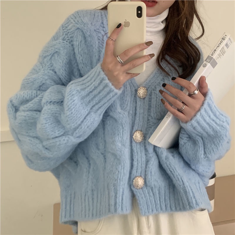 Áo khoác cardigan dệt kim cổ chữ V dáng rộng phong cách Hàn Quốc mới cho nữ sinh