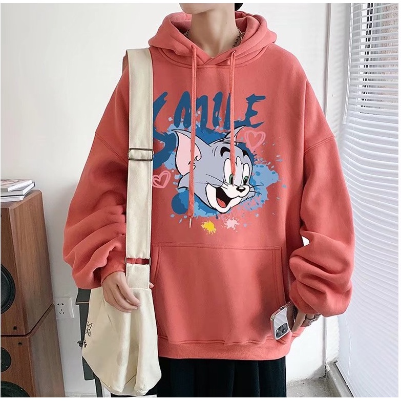 Áo sweater nam cổ tròn dáng rộng nỉ in hình mèo hoạt hình phong cách vibe