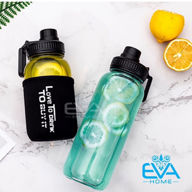 Bình Đựng Nước Thuỷ Tinh Nắp Bật Có Quai Cầm Love To Drink 1000 ML Tặng Kèm Vỏ Bọc Vải Neoprene