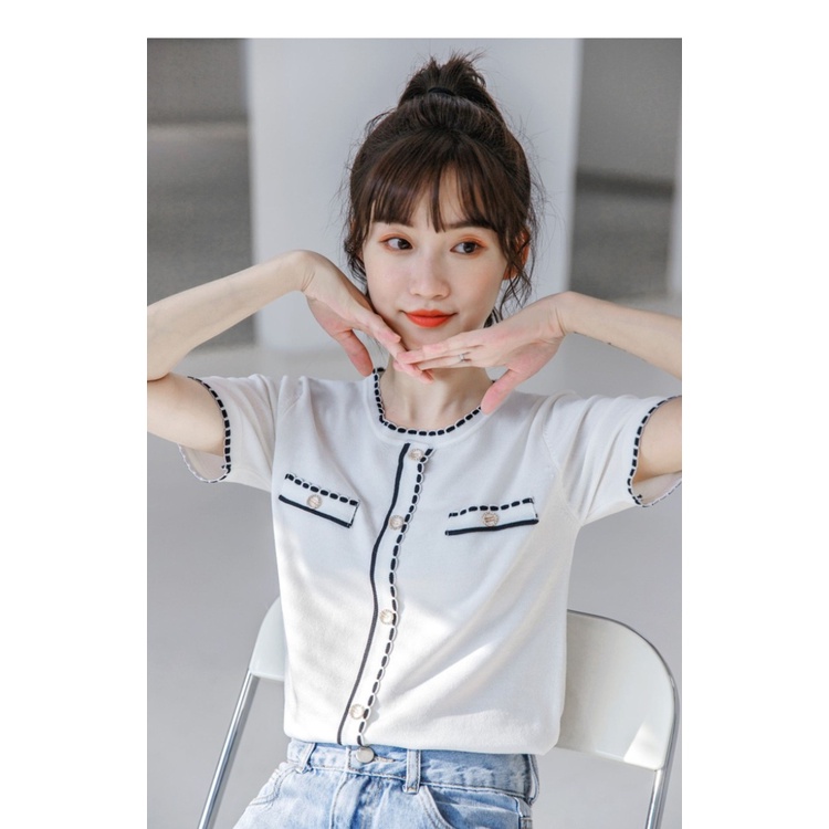 Áo kiểu nữ FM Style áo len mỏng kiểu chạy viền phong cách tiểu thư hàn quốc 2 màu đen trắng siêu xinh 210801011
