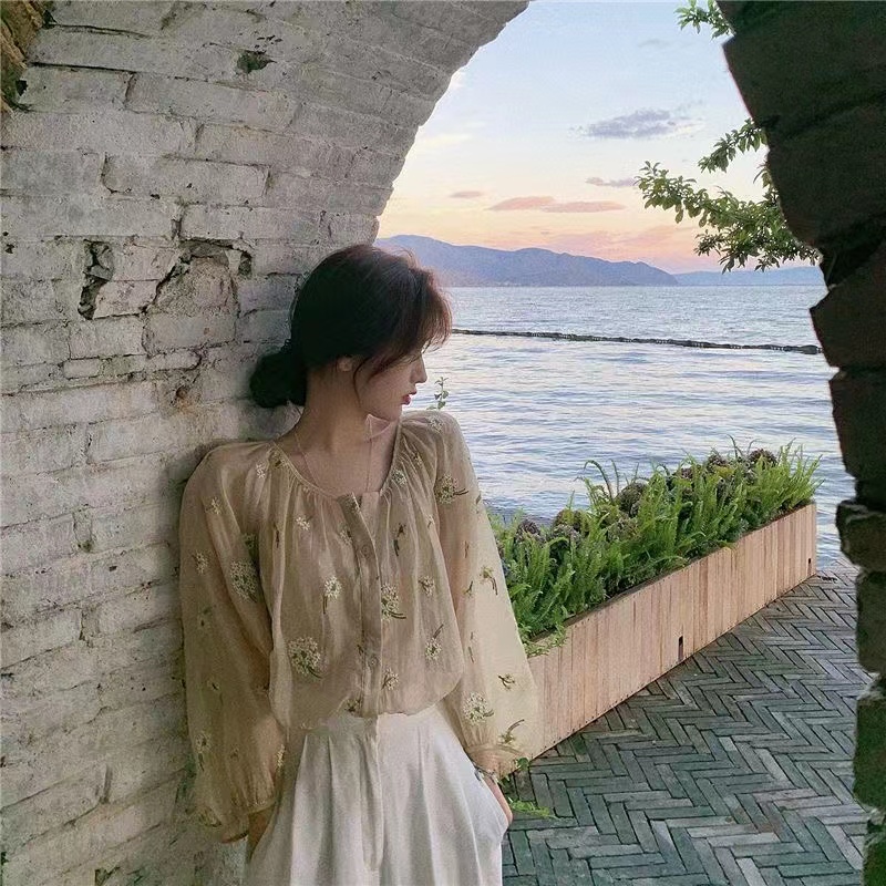 Áo Sơ Mi Voan Dài Tay Thêu Hoa Phong Cách Hàn Quốc Cho Nữ baju baju wanita Lenan panjang