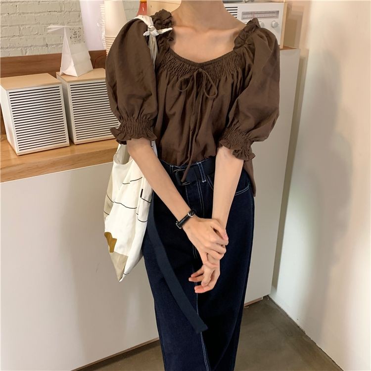 Phong cách hàn quốc sang trọng đầu mùa thu 2020 mới hàng phương tây tai nhăn với áo sơ mi tay phồng rộng rãi phụ n
