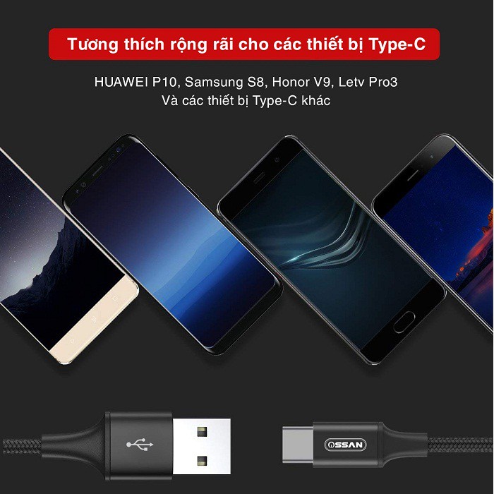 (1m)Dây sạc USB Type C OSSAN OS-CS10 - hỗ trợ sạc nhanh Samsung Note 8 S8 S8 9 Plus 10 plus và các máy có cổng type C